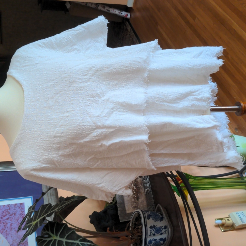 White Cotton Deckle Edge Cotton Gauze Top S